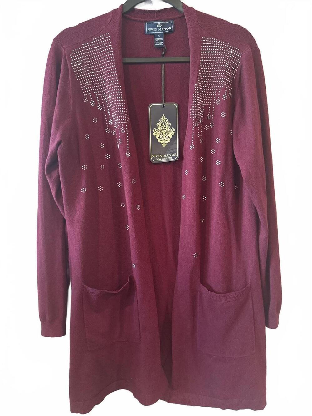 Seven Manor XL Burgundy Cardigan Sweater with Rhinestone Detailing